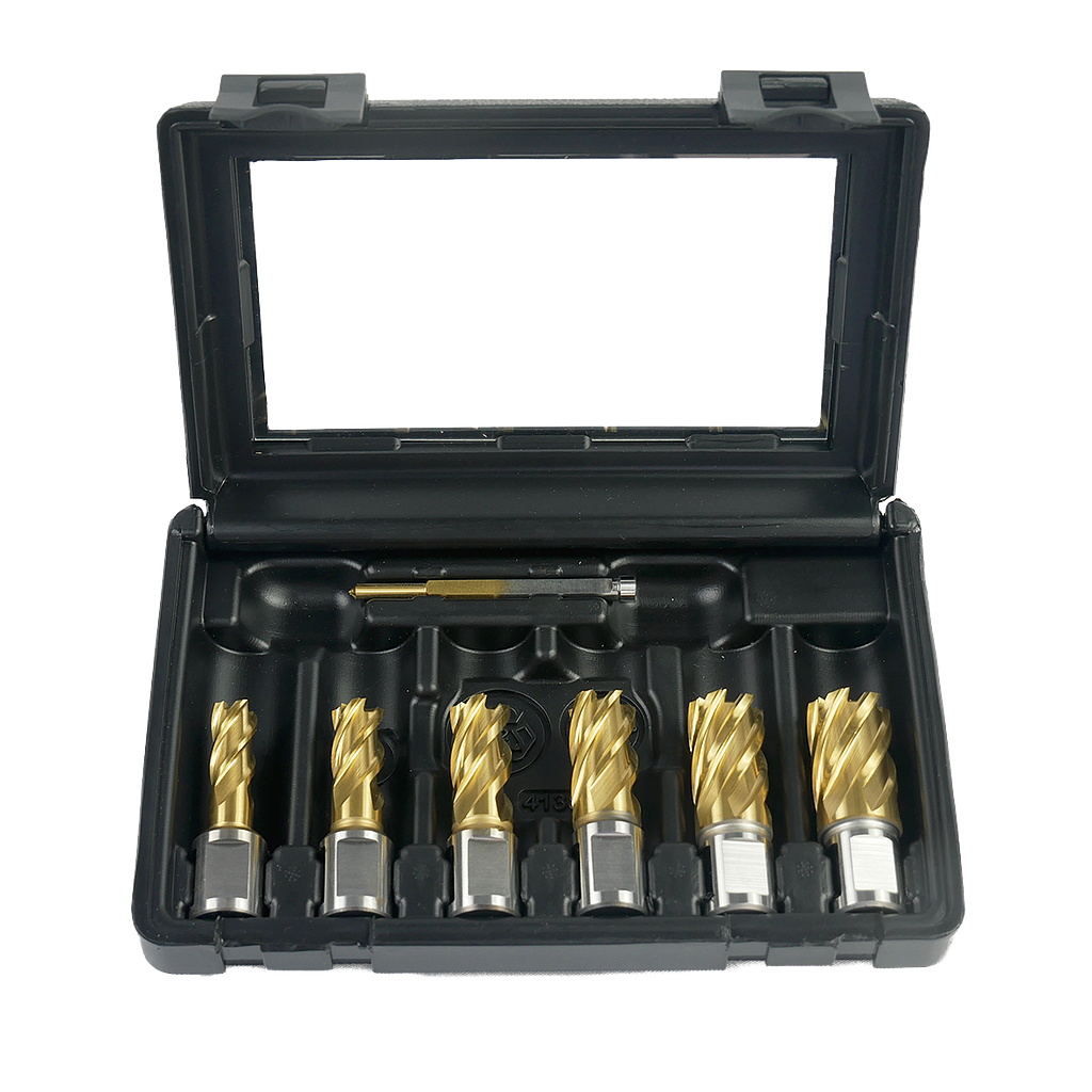 „GOLD FINGER“  TIN coated kernboorset Ø 1/2", 9/16", 11/16", 3/4", 13/16", 15/16" + pilot pin (1" cutting depth)