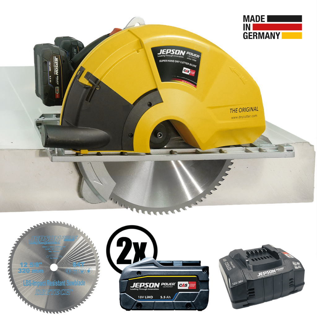 [608270E] Super Hand Dry Cutter 8320E 36V mit Ø 320/84Z LBS Sägeblatt (speziell für die Akku-Maschine), 2 Akkus und 230V Ladegerät