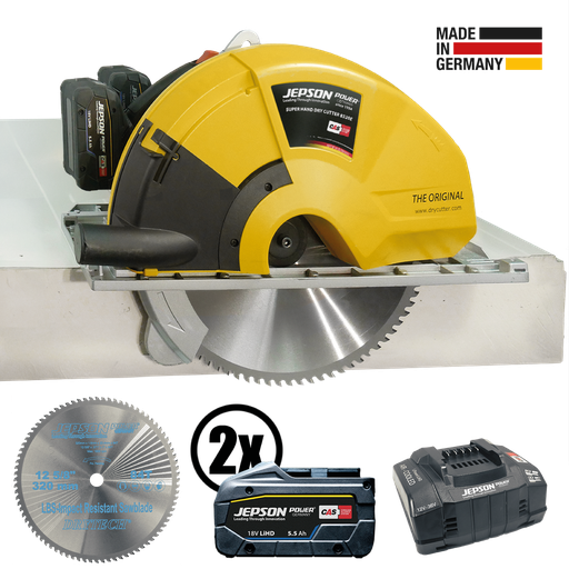 [608270E] Super Hand Dry Cutter 8320E 36V mit Ø 320/84Z LBS Sägeblatt (speziell für die Akku-Maschine), 2 Akkus und 230V Ladegerät