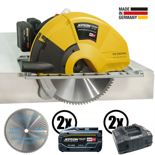 [608270EC2] Super Hand Dry Cutter 8320E 36V CAS Draadloze sandwichpaneel- en metaalzaag met zaagblad Ø 320/84T, 2 accu's en 2 chargers 230V